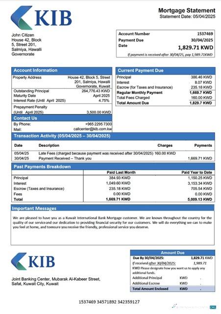 Download Kuwait International Bank mortgage statement Word and PDF template Photoshop template